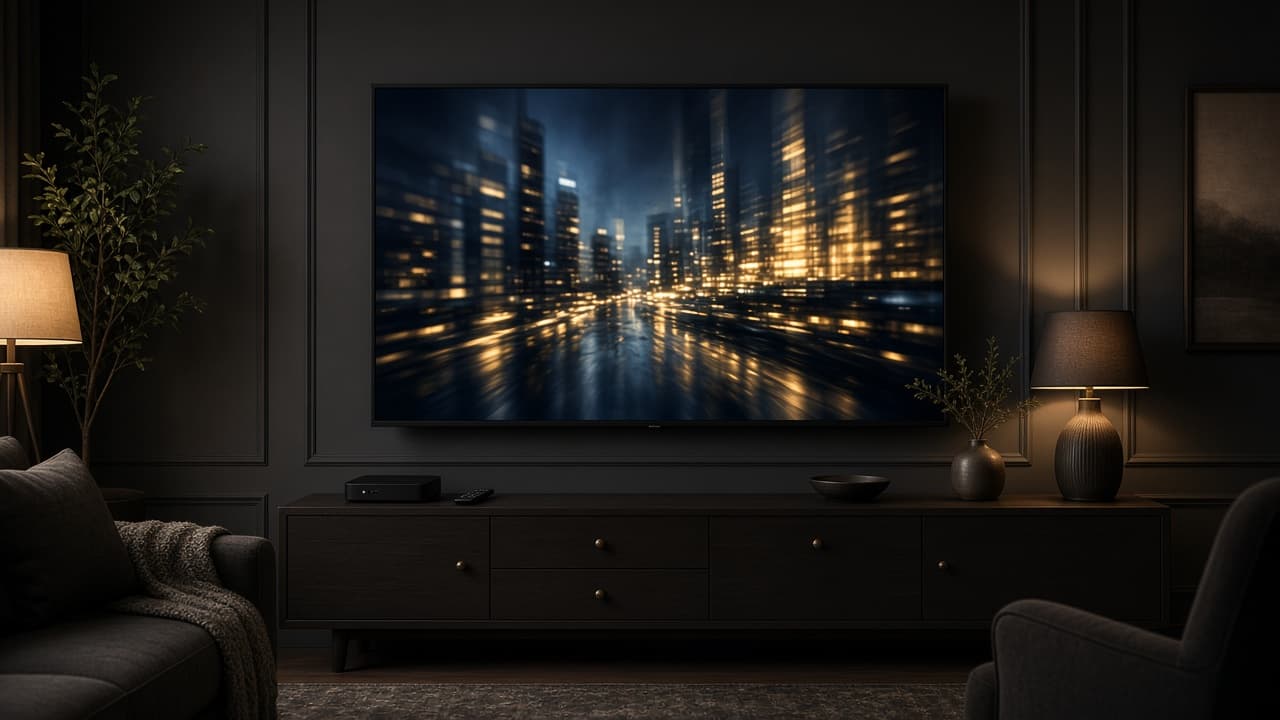A wall-mounted television in a dark living room, with a streaming box on the cabinet