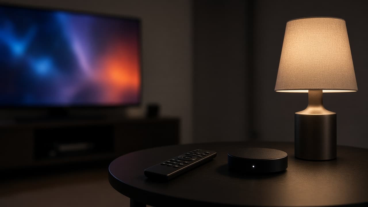 A remote and a small streaming device on a side table, with a television in the background