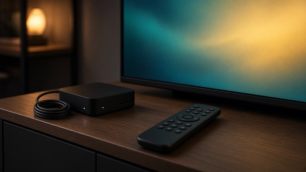A streaming box, cable, and remote on a shelf in front of a television