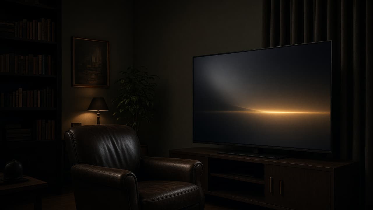 A television in a quiet study, showing a dark screen with a thin gold line of light